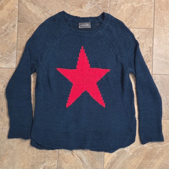 Wooden Ships Sweaters - Wooden Ships Paola Buendia Navy Blue Red Star Knit Sweater Womens XS/S Raglan